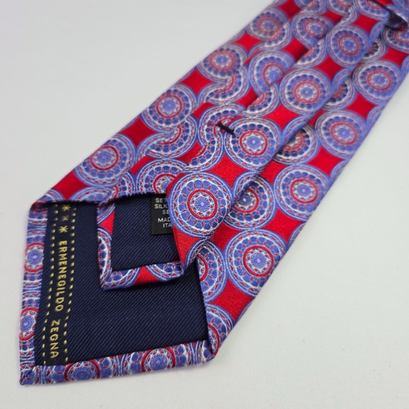 ERMENEGILDO  ZEGNA Textured Medallion Silk Tie (Red -Blue -White) Made In Italy - Picture 5 of 9